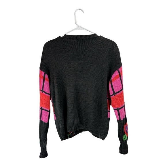 Vintage Gallagher Size Medium Cardigan Sweater Black Pink Floral Plaid Grandma - Picture 2 of 5